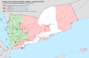 Guerra civil en Yemen. Situación militar a 1 de abril de 2016. Fuente: Ali Zifan vía Wikimedia Commons. Licencia Creative Commons Reconocimiento-CompartirIgual.